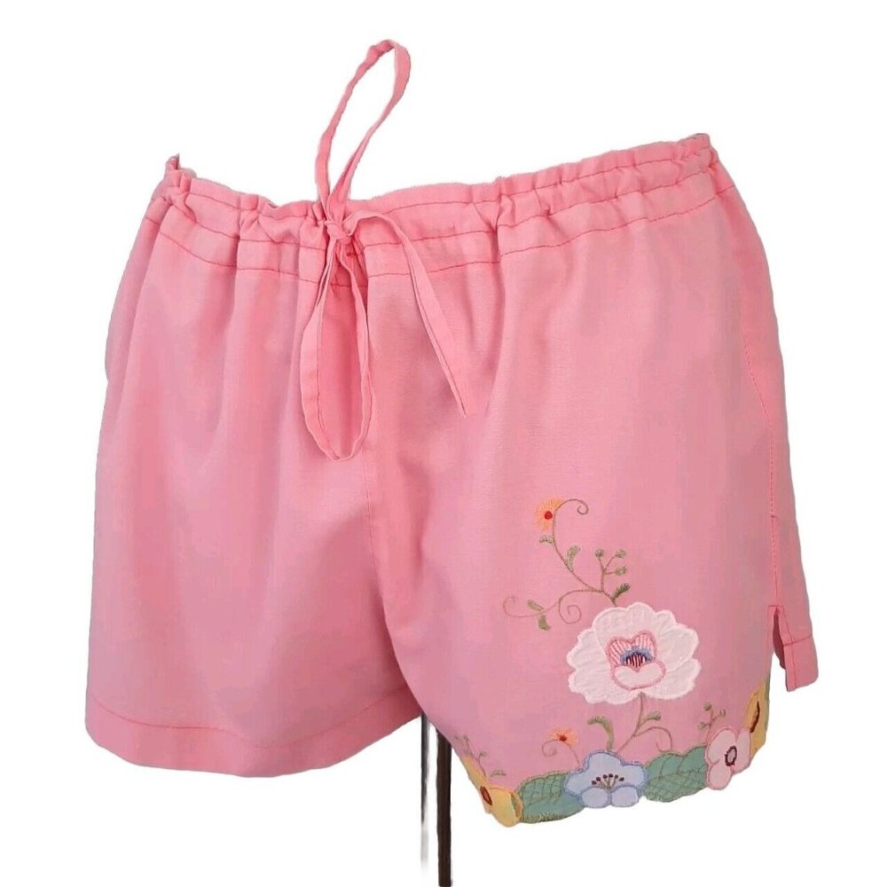 Vtg Pink Shorts Drawstring Bohemian Retro Floral Applique Sleep Casual Hot Pants
